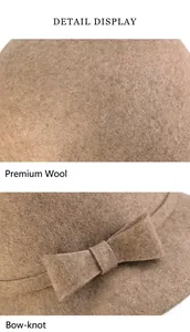 Close-up of brown wool felt bucket hat featuring bowknot detail and textured fabric