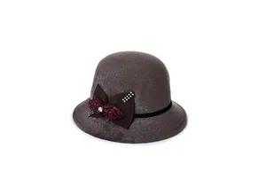 Detail of brown wool cloche hat featuring decorative bow and elegant textured finish