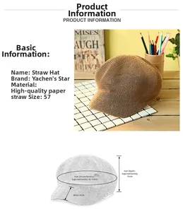 Detail view of woven straw octagonal hat with specific dimensions and breathable material