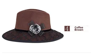 Close-up of coffee brown wool fedora with black lace veil and velvet bow detail