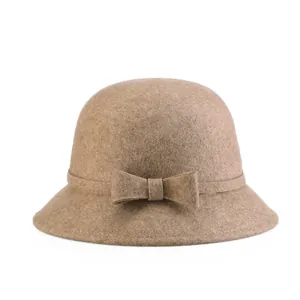 Vintage Women 100% Wool Cloche Hat Elegant Felt Bucket Hat With Bowknot Autumn Winter Warm Round Top Wide Brim Fedora Hat