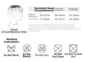 Size guide and care instructions for women straw octagonal sun hat showing head dimensions