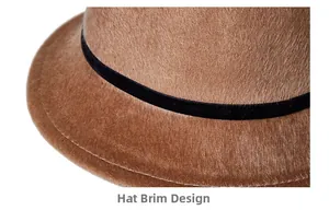 Close-up of brown wool felt hat with black velvet band and fine stitching detail