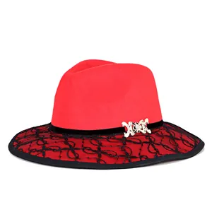 Women Vintage Woolen Fedora Hat Elegant Wide Brim Lace Trim Party Hat With Metal Buckle Velvet Ribbon Warm Winter Jazz Hat