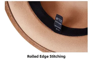 Detail of rolled edge stitching and washing label on 100% polyester fedora hat