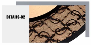 Detailed view of exquisite black lace pattern on the brim of a beige wool felt hat