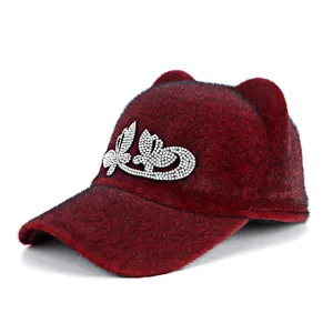 Women Faux Fur Cat Ear Baseball Cap Warm Winter Rhinestone Butterfly Peaked Hat Outdoor Plush Thermal Headwear Accessories