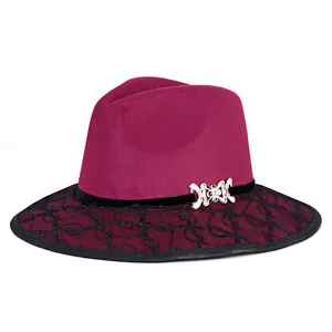 Magenta wool fedora hat with black lace brim and silver bow buckle for women