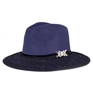 Navy wool fedora hat with black floral lace brim and velvet ribbon with gold buckle