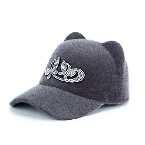 Dark grey plush baseball cap with 3D cat ears and silver rhinestone butterfly detail