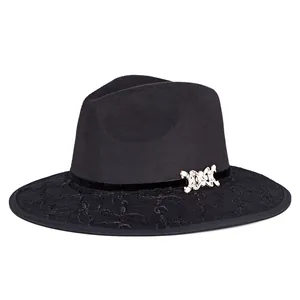 Elegant black wool fedora hat with floral lace brim and gold rhinestone bow accessory