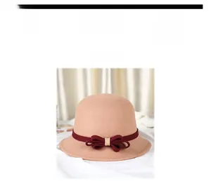 Front detail of khaki wool cloche hat with red bow ribbon decoration for women