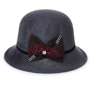 Elegant dark grey wool felt cloche hat for women with a rhinestone bow and vintage ribbon