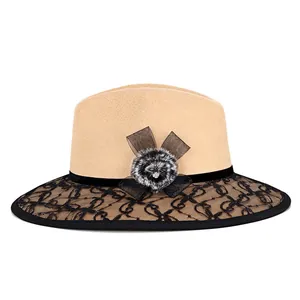 Elegant Women Wool Blend Fedora Hat With Lace Brim And Fur Ball Rhinestone Mesh Bow Decoration Retro Warm Dome Bowler Hat