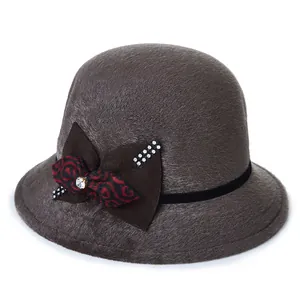Elegant dark brown wool cloche hat for women with rhinestones and bow decoration