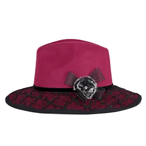 Elegant rose wool felt bowler hat with black lace brim and crystal pom pom detail