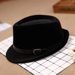 Classic black faux mink fur fedora hat for men with elegant leather strap buckle detail