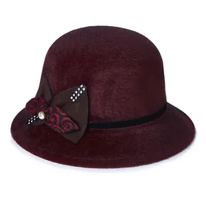 Elegant wine red cloche hat for women with rhinestones and decorative bow
