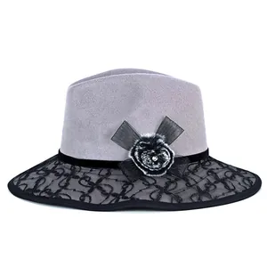Elegant grey wool felt fedora for women with black lace brim and feather floral detail