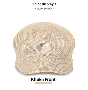 Detail of khaki straw octagonal hat with fine knit texture and breathable design