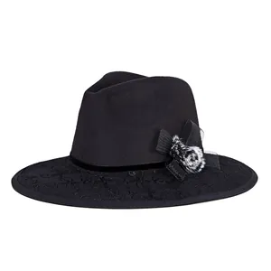 Elegant black wool fedora hat with delicate lace brim and velvet ribbon bow detail