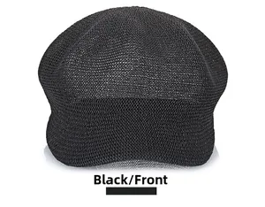 Front view of black mesh knit octagonal cap with breathable texture and solid structure