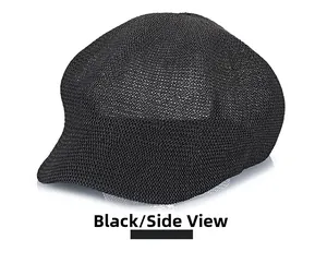Detailed side view of black woven newsboy cap with breathable mesh texture for summer