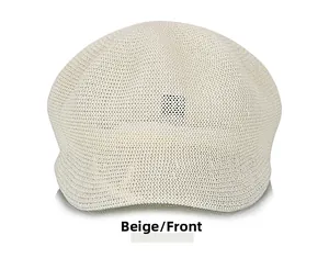 Detailed close-up of beige knitted beret hat showing breathable mesh texture and weave
