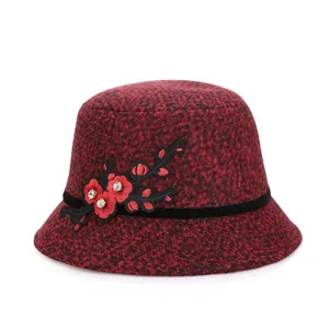 Women Vintage Woolen Cloche Hat Autumn Winter Warm Bucket Hat Plum Blossom Embroidery Rhinestone Bowknot Elegant Lady Cap