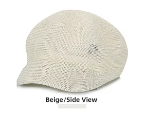 Beige breathable knit octagonal hat for women shown in a detailed side view angle