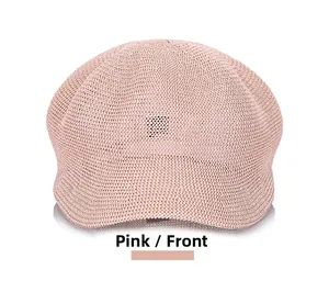 Front view of pink breathable woven newsboy cap showing fine grid texture and peak