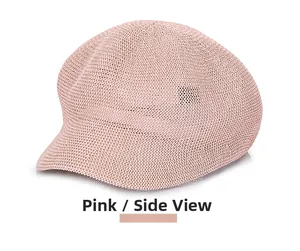 Detail side view of dusty pink knitted octagonal cap with breathable mesh texture