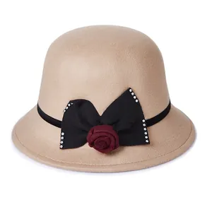 Women Elegant Woolen Cloche Hat Vintage Bow Rhinestone Rose Fedora Warm Winter Wide Brim Foldable Bucket Hat For Ladies
