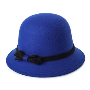 Elegant royal blue wool felt cloche hat for women with a black decorative ribbon bow