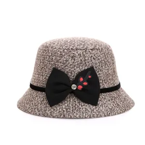 Women winter wool cloche hat in grey-brown with bow and berry embroidery on white base