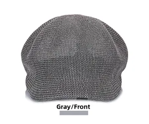 Front view of grey mesh newsboy hat featuring breathable knit texture and short brim