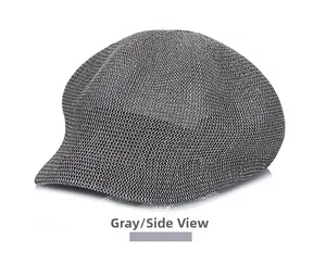 Detail view of the gray knitted octagonal beret hat featuring a breathable mesh texture