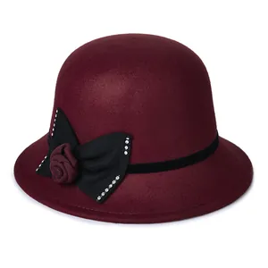 Elegant wine red wool cloche hat for women with black bow and rhinestone rose detail
