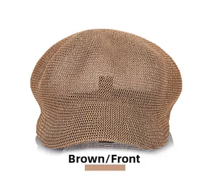 Detailed close-up of coffee-colored woven straw octagonal hat with breathable texture