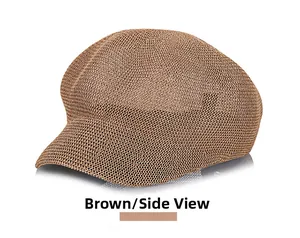 Detailed side view of a breathable coffee straw yarn baker boy hat with woven texture