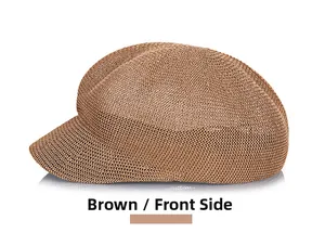 Side view of coffee brown straw woven newsboy hat with breathable texture and minimal design