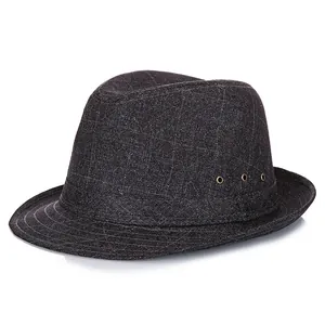 Cappello Fedora Uomo Vintage Traspirante in Lino Poliestere Cappello Jazz a Quadri Con Occhielli in Metallo Cappello Protezione Solare Estiva