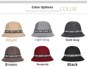 Foldable wool felt cloche bucket hats in six colors featuring LOVE patterned bands