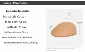 Detailed size specifications for khaki cotton ivy cap with 58cm circumference and depth