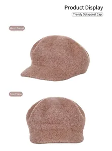 Detail view of the mixed camel wool octagonal hat fabric texture and side-front profile