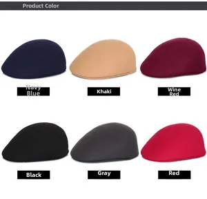 Multiple color options for wool flat caps including navy, khaki, wine red, and grey