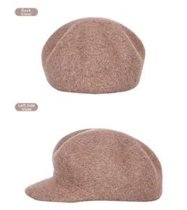 Detailed back and side views of brown wool octagonal newsboy cap with soft texture