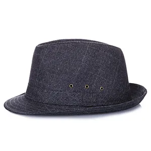 Cappello fedora uomo in denim grigio scuro con occhielli e tesa cucita rinforzata