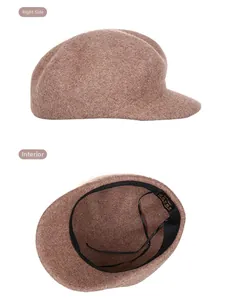Detail view showing the brown wool octagonal hat side profile and inner adjustable strap
