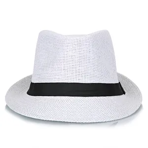 Cappello fedora di paglia bianco traspirante da uomo con nastro classico in gros-grain